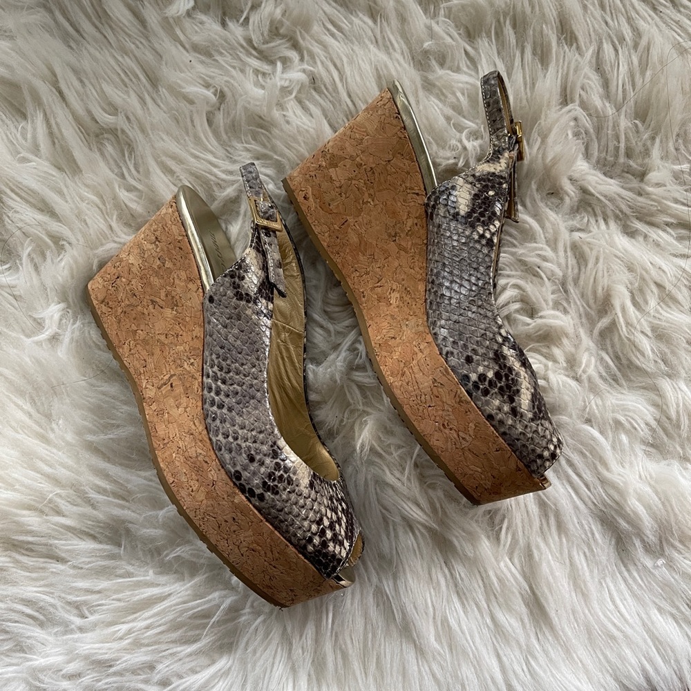 Jimmy Choo Python Snake Print Wedge Cork Strap Sa… - image 6